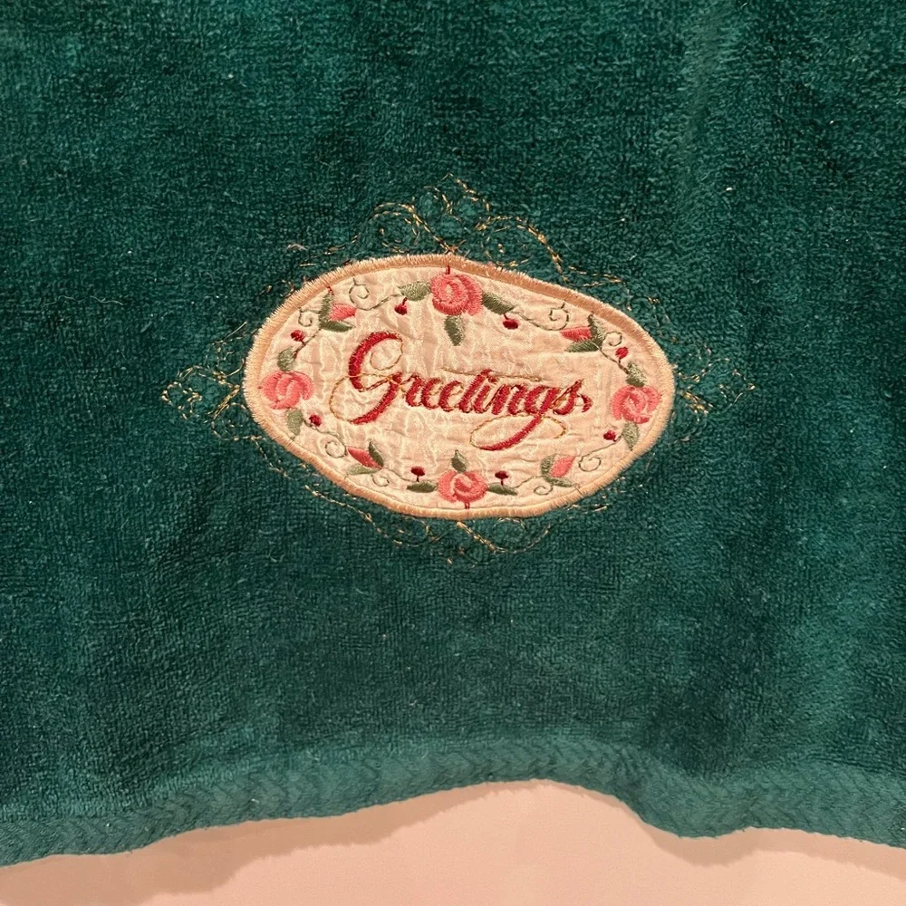 Vintage floral pink embroidered “Greetings” Dark Green holiday bath towel.